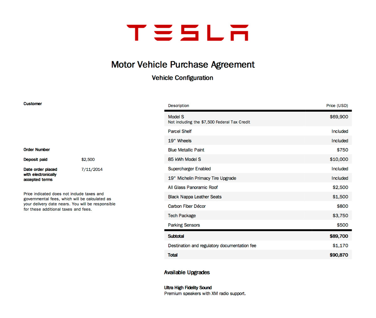 Tesla Purchase Agreement